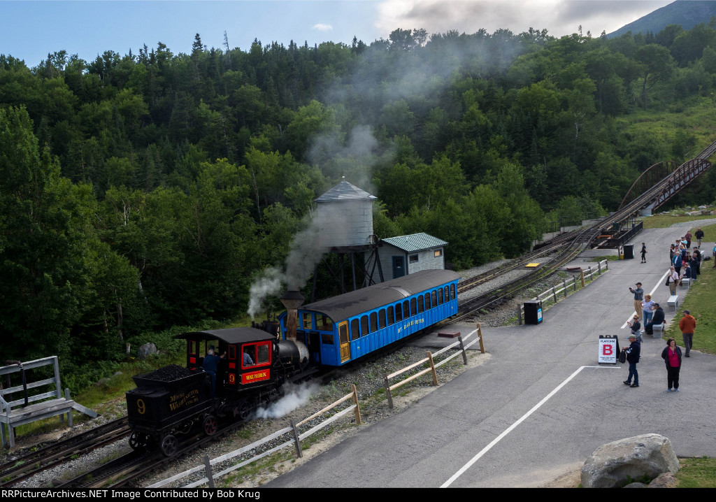 MWCR 9 shoves the first train of the day to the boarding platform